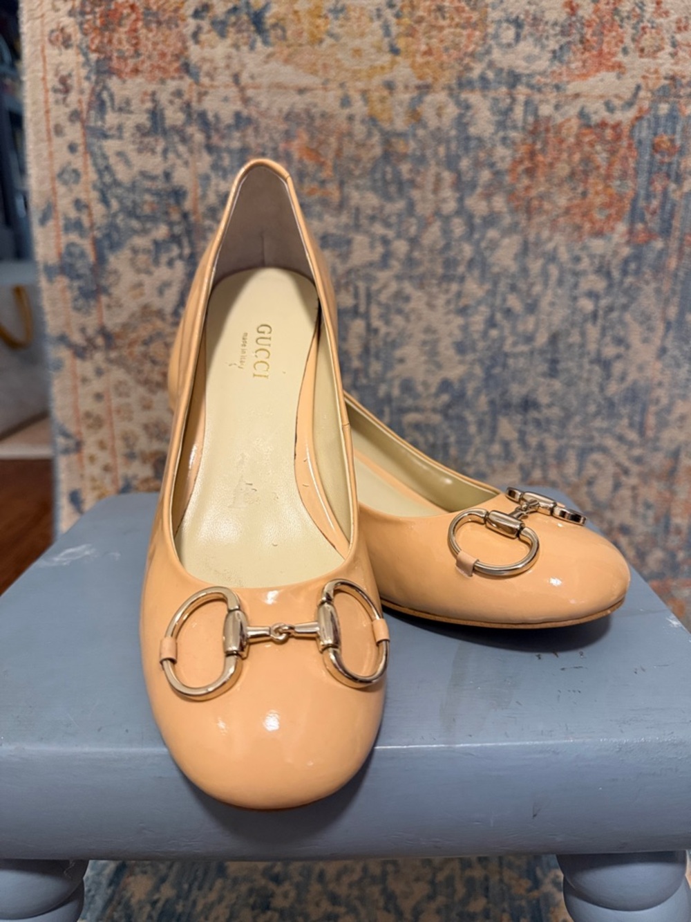 Authentic Gucci Beige Patent Leather Horsebit Ballet Flats